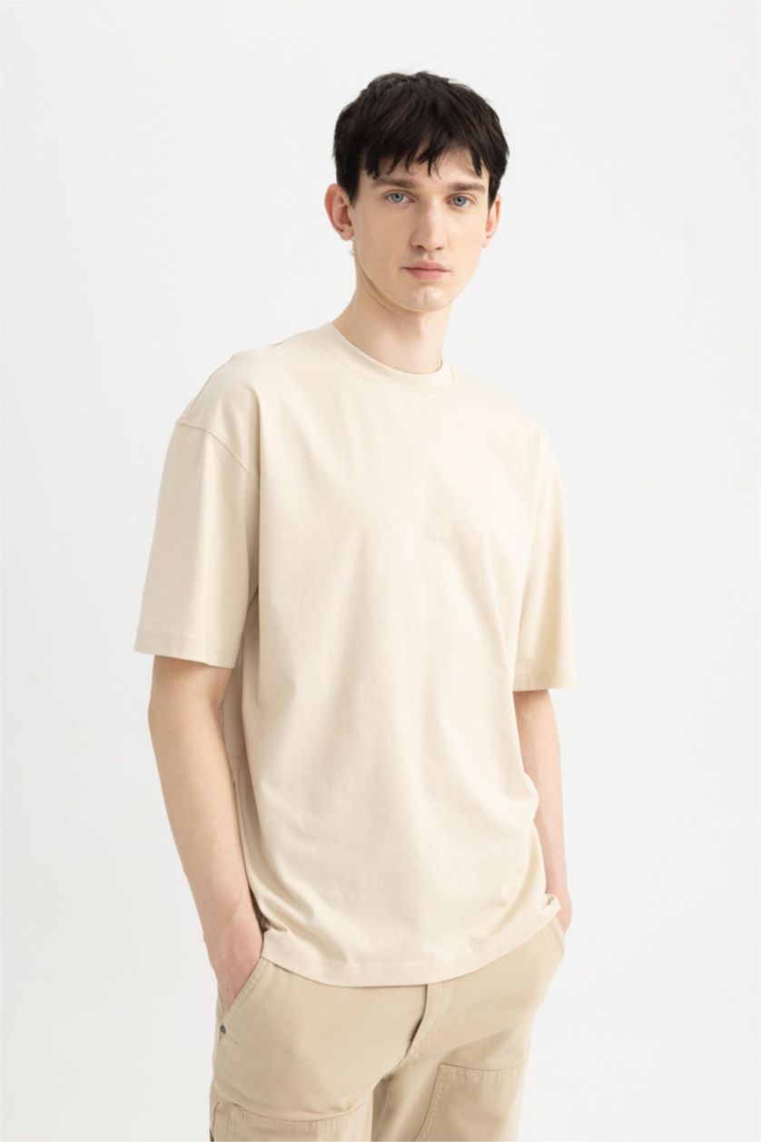 HOMME Beige T-Shirt Oversize Manches Courtes Col Rond Imprimé Dos