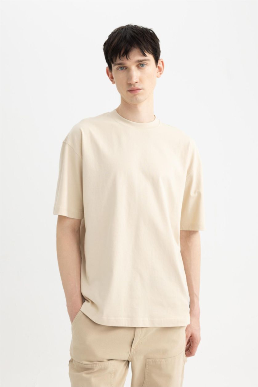 HOMME Beige T-Shirt Oversize Manches Courtes Col Rond Imprimé Dos