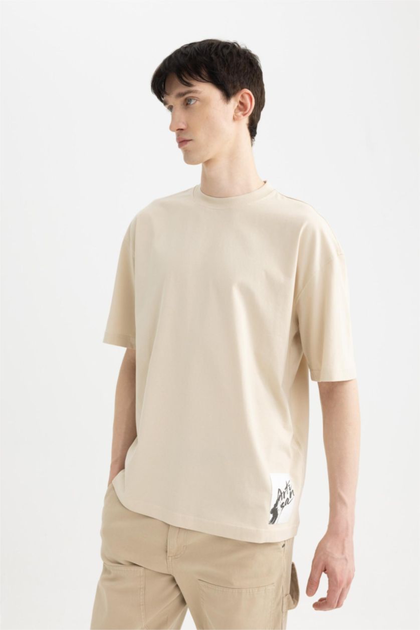 HOMME Beige T-Shirt Oversize Manches Courtes Col Rond Imprimé Dos