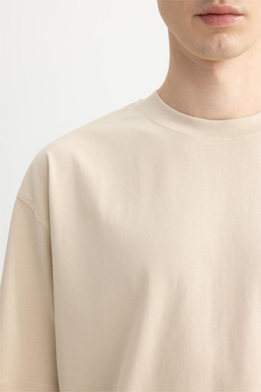HOMME Beige T-Shirt Oversize Manches Courtes Col Rond Imprimé Dos