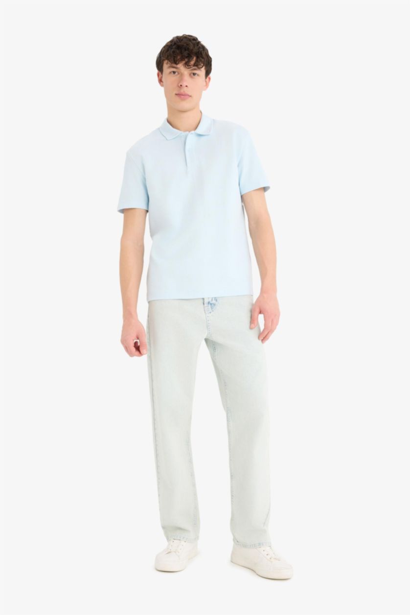 رجالي أزرق فاتح تيشيرت بولو قصة عادية بياقة بولو