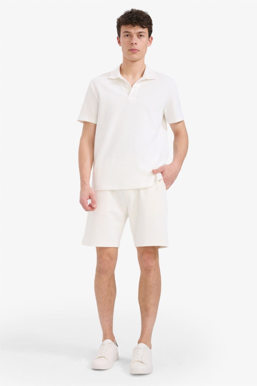 Erkek Ekru Regular Fit Polo Yaka Dokulu Basic Düz Kısa Kollu Tişört