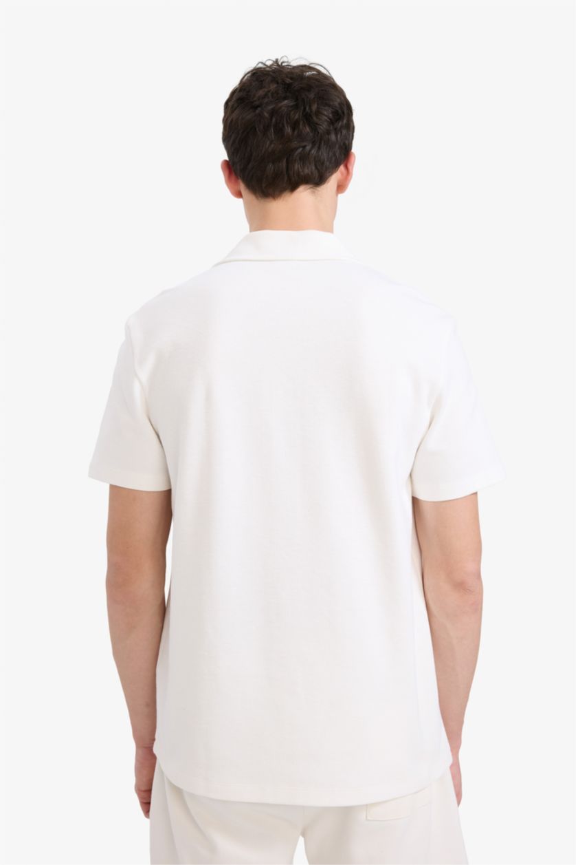 Erkek Ekru Regular Fit Polo Yaka Dokulu Basic Düz Kısa Kollu Tişört