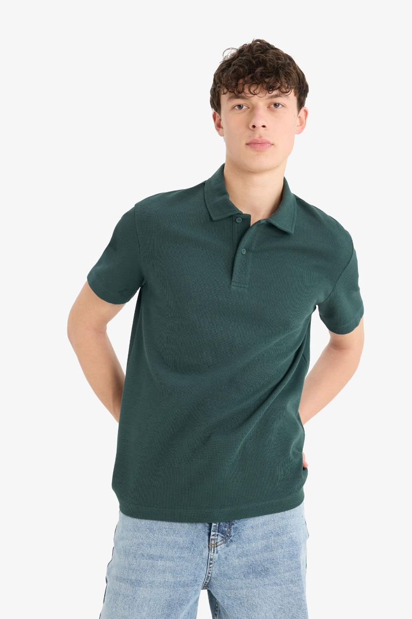 Erkek Koyu Yeşil Regular Fit Polo Yaka Dokulu Basic Düz Kısa Kollu Tişört