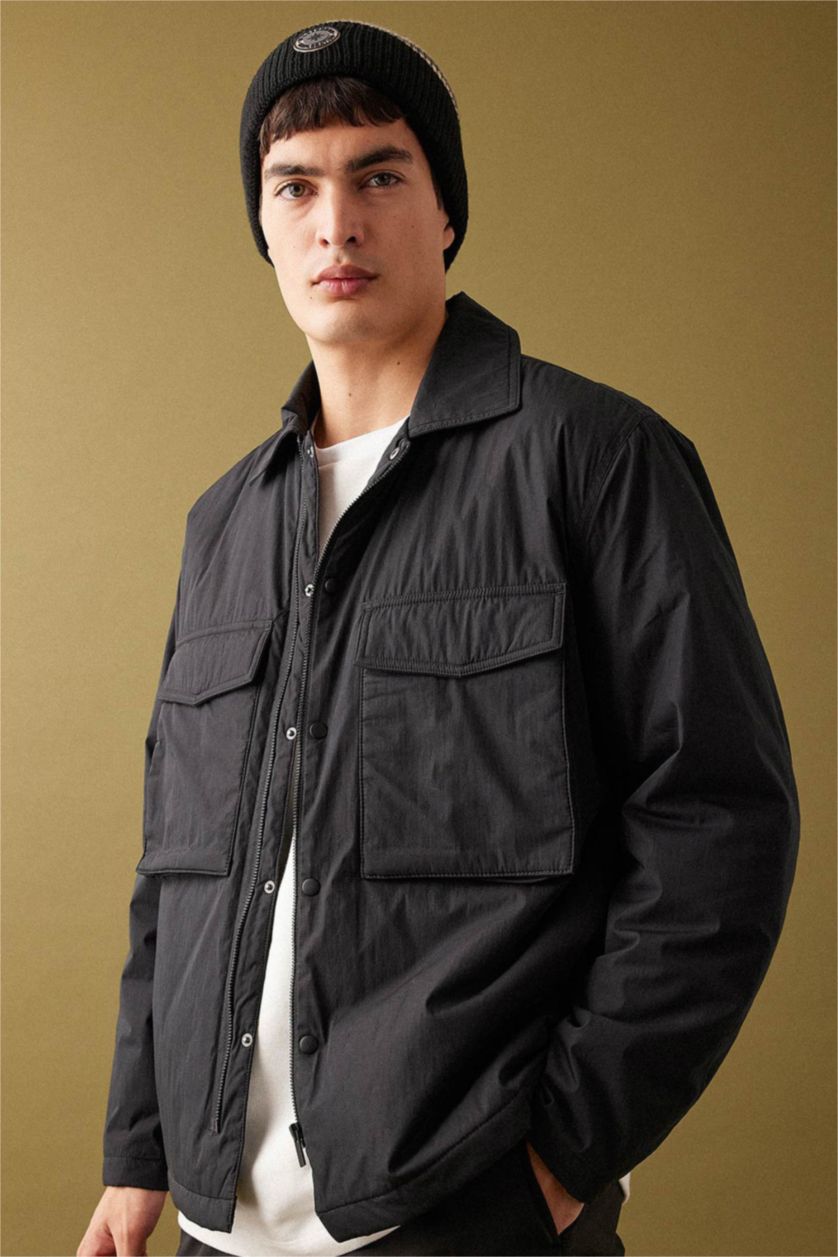 Erkek Siyah Relax Fıt Polo Yaka Gömlek Ceket