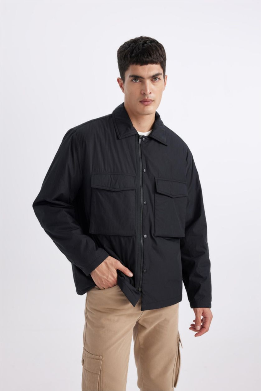 Erkek Siyah Relax Fıt Polo Yaka Gömlek Ceket
