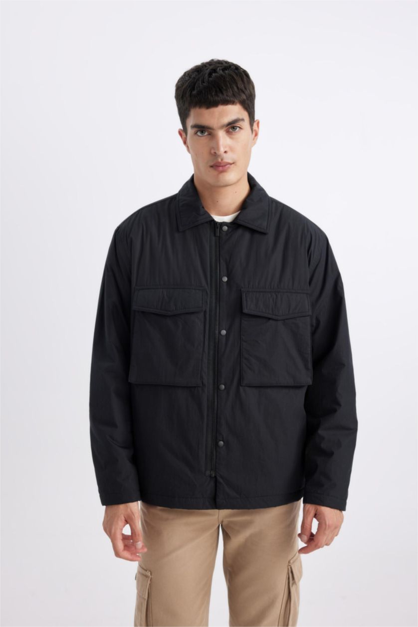 Erkek Siyah Relax Fıt Polo Yaka Gömlek Ceket