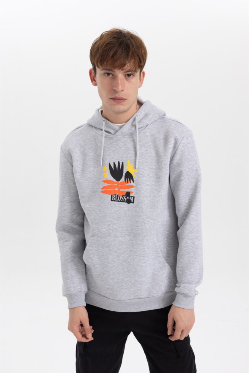 MAN O.GRAY MELANGE Regular Fit Hooded Printed Sweatshirt