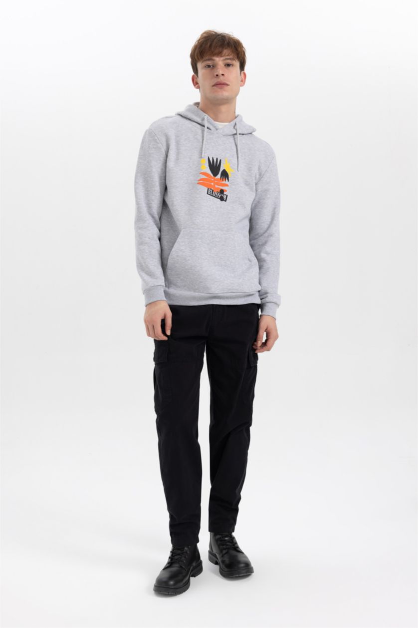 MAN O.GRAY MELANGE Regular Fit Hooded Printed Sweatshirt