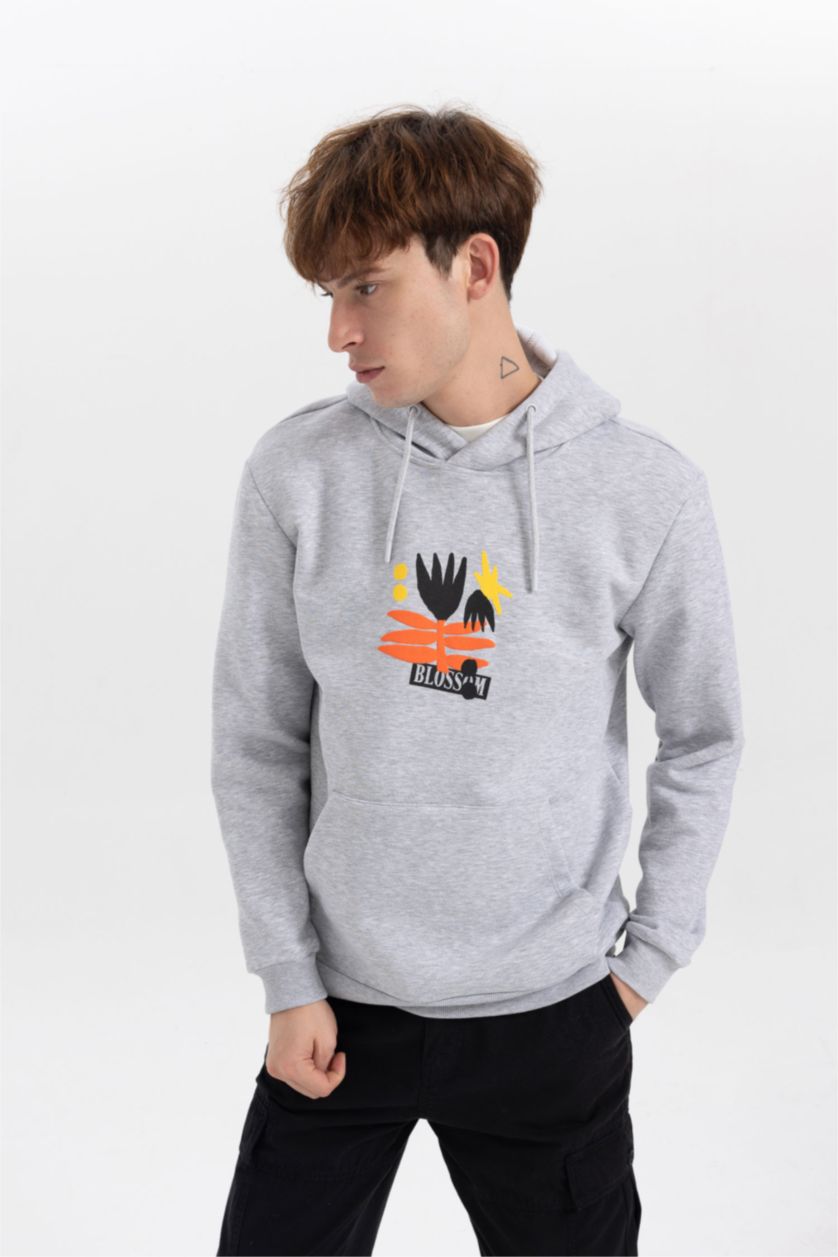 MAN O.GRAY MELANGE Regular Fit Hooded Printed Sweatshirt