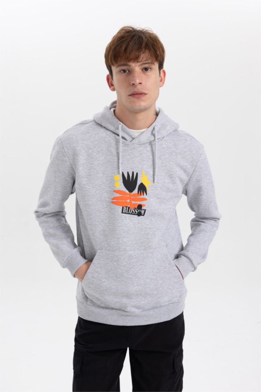 MAN O.GRAY MELANGE Regular Fit Hooded Printed Sweatshirt