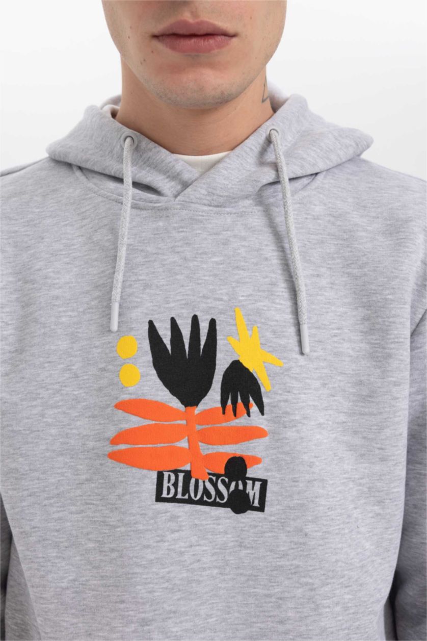 MAN O.GRAY MELANGE Regular Fit Hooded Printed Sweatshirt