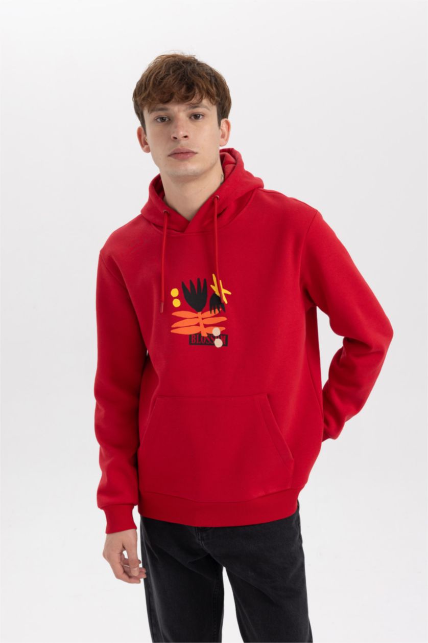 MAN Red Regular Fit Hooded Printed Sweatshirt