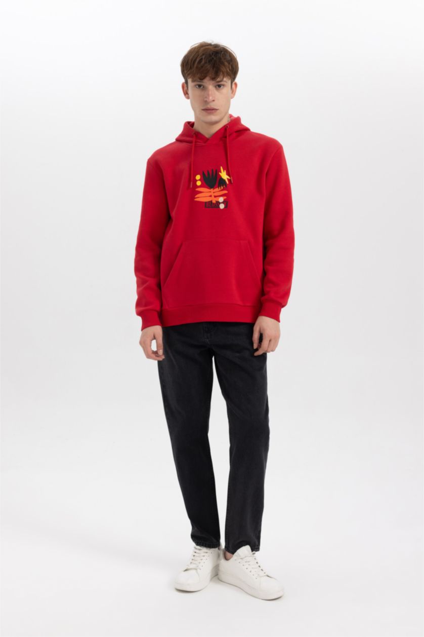 MAN Red Regular Fit Hooded Printed Sweatshirt
