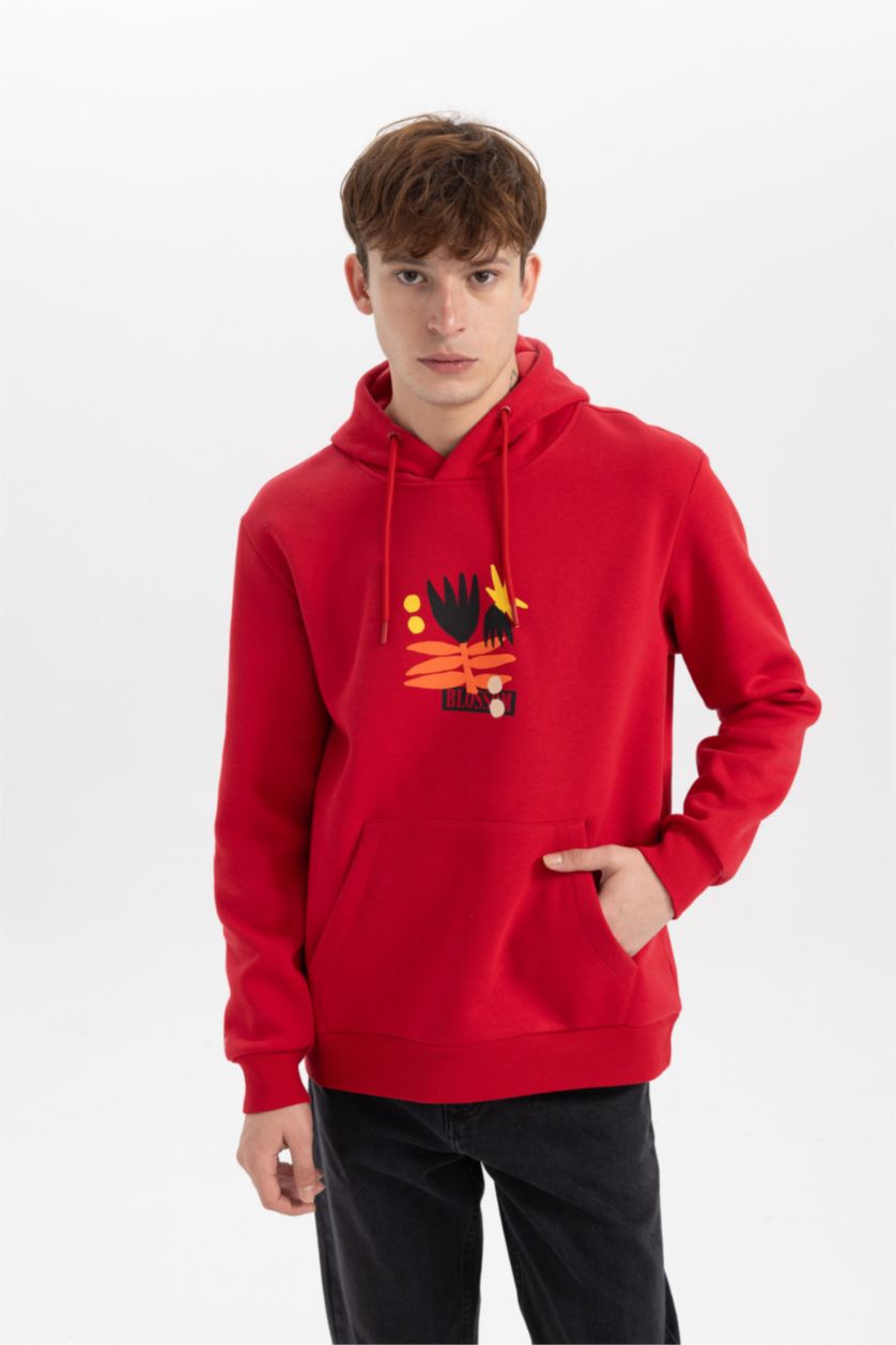 MAN Red Regular Fit Hooded Printed Sweatshirt