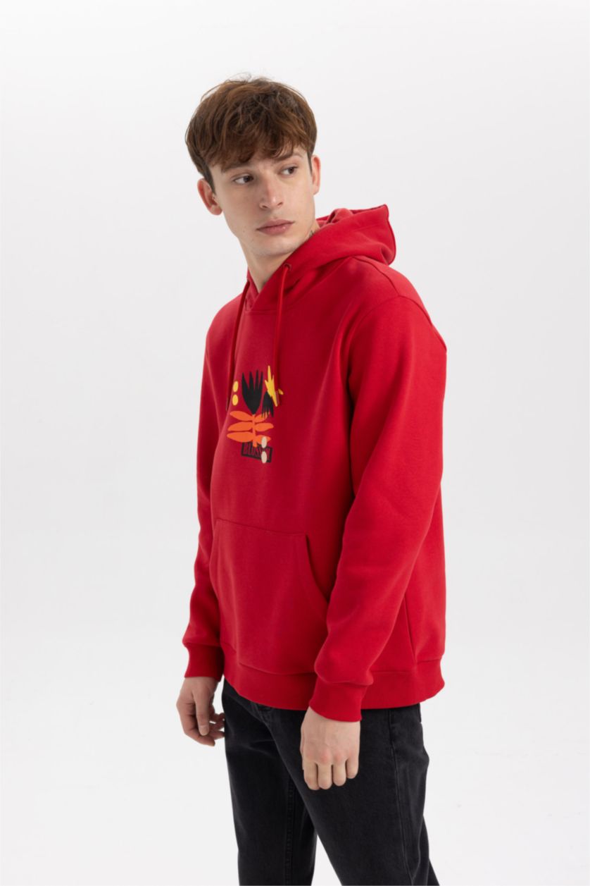 MAN Red Regular Fit Hooded Printed Sweatshirt