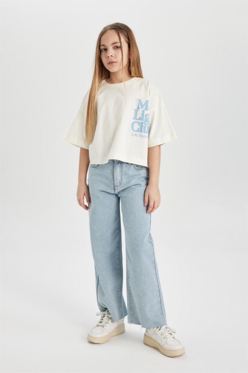 بنات أزرق فاتح بنطلون جينز بناتي وايد ليج برجل واسع