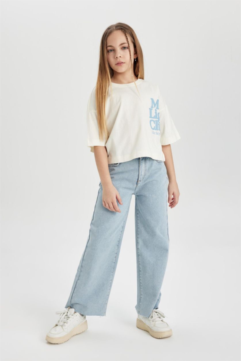 بنات أزرق فاتح بنطلون جينز بناتي وايد ليج برجل واسع