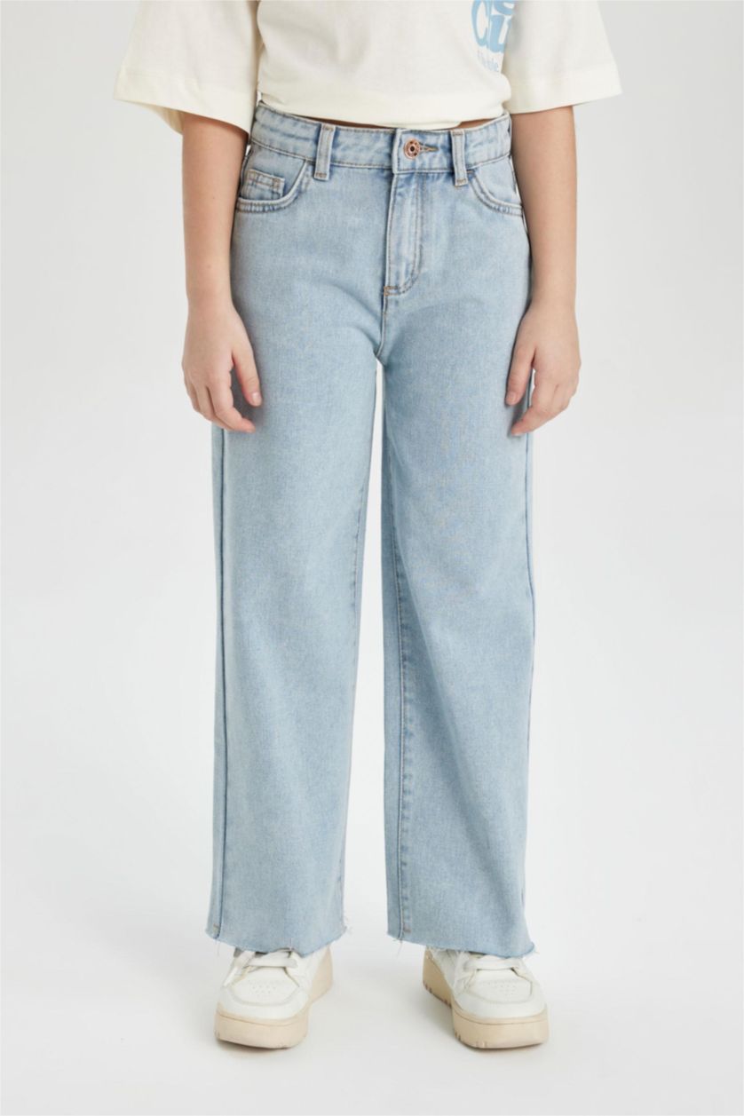 بنات أزرق فاتح بنطلون جينز بناتي وايد ليج برجل واسع