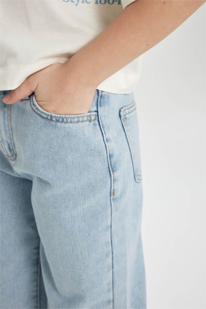 بنات أزرق فاتح بنطلون جينز بناتي وايد ليج برجل واسع