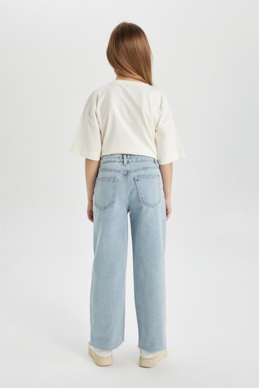 بنات أزرق فاتح بنطلون جينز بناتي وايد ليج برجل واسع