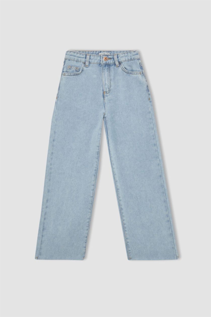 بنات أزرق فاتح بنطلون جينز بناتي وايد ليج برجل واسع