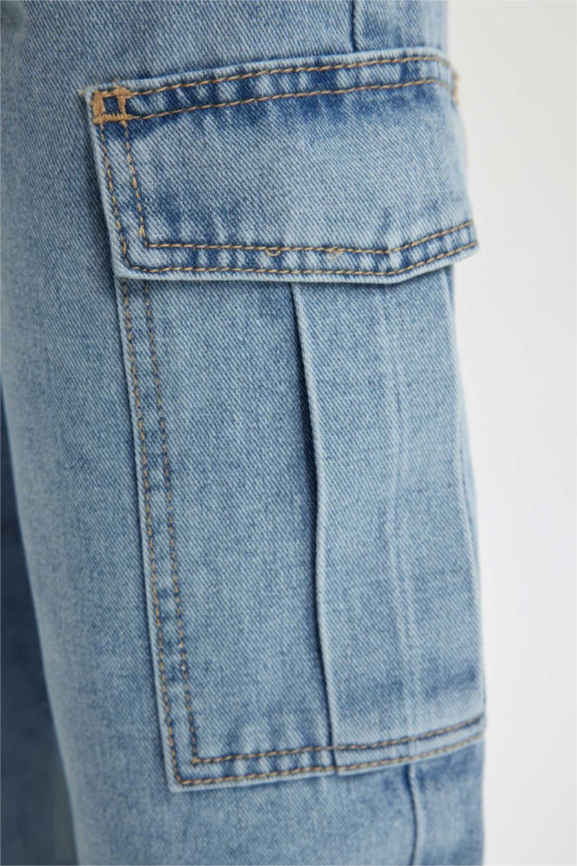 Kız Çocuk - Genç Kız Buz Mavi Kargo Fit Geniş Paça Jean Pantolon Kız Çocuk