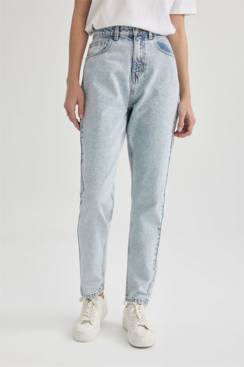 FEMME BLEU Clair Pantalon Jean Mom Fit à Taille Haute et Longueur Cheville Modèle Lina