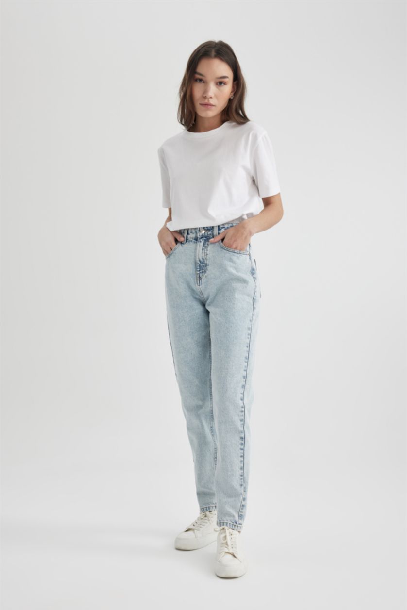 FEMME BLEU Clair Pantalon Jean Mom Fit à Taille Haute et Longueur Cheville Modèle Lina