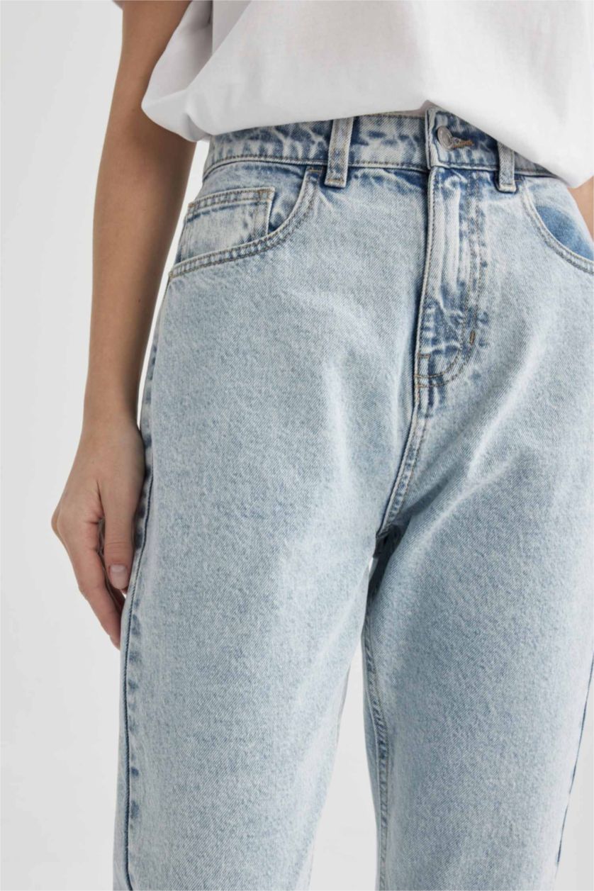 FEMME BLEU Clair Pantalon Jean Mom Fit à Taille Haute et Longueur Cheville Modèle Lina