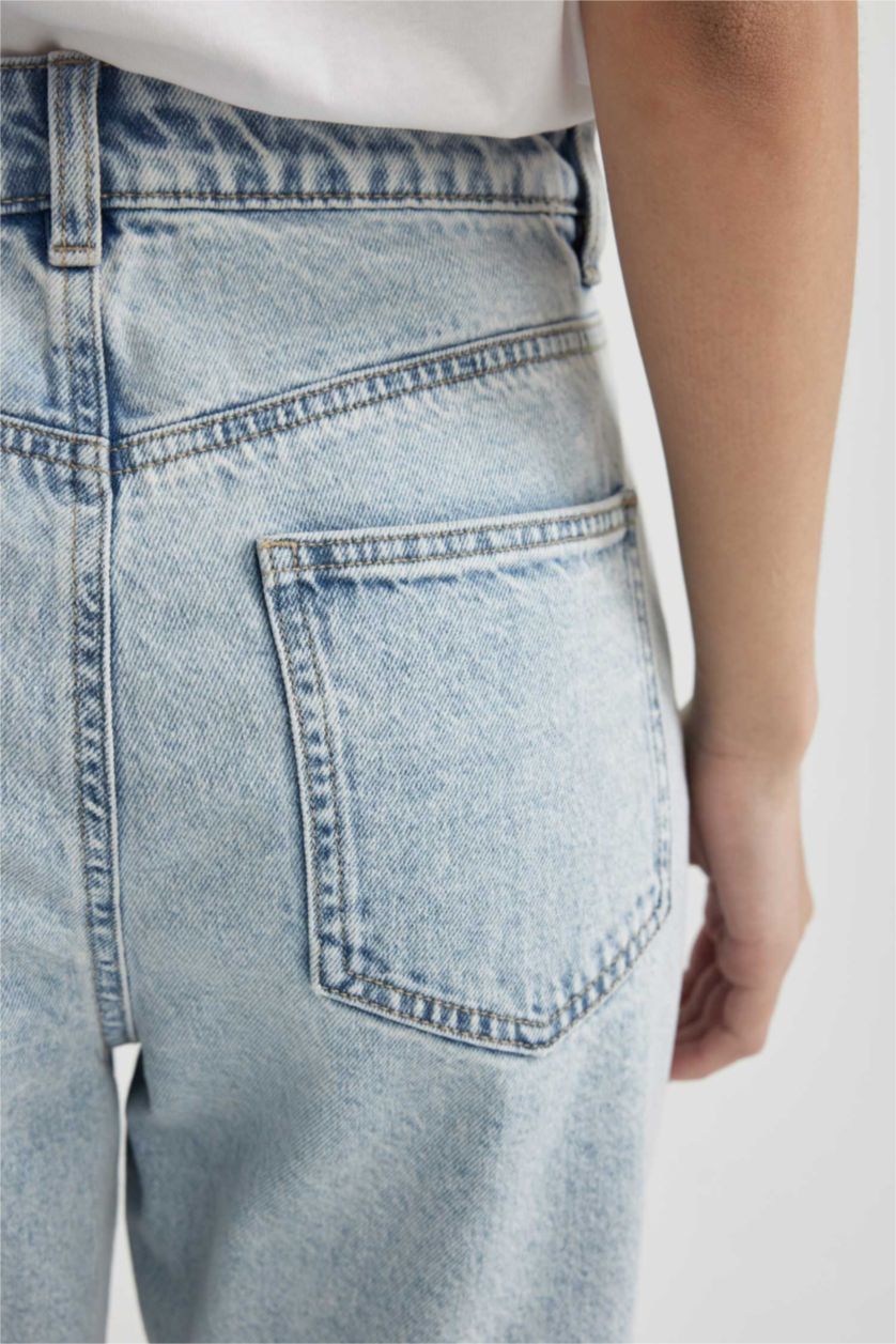 FEMME BLEU Clair Pantalon Jean Mom Fit à Taille Haute et Longueur Cheville Modèle Lina