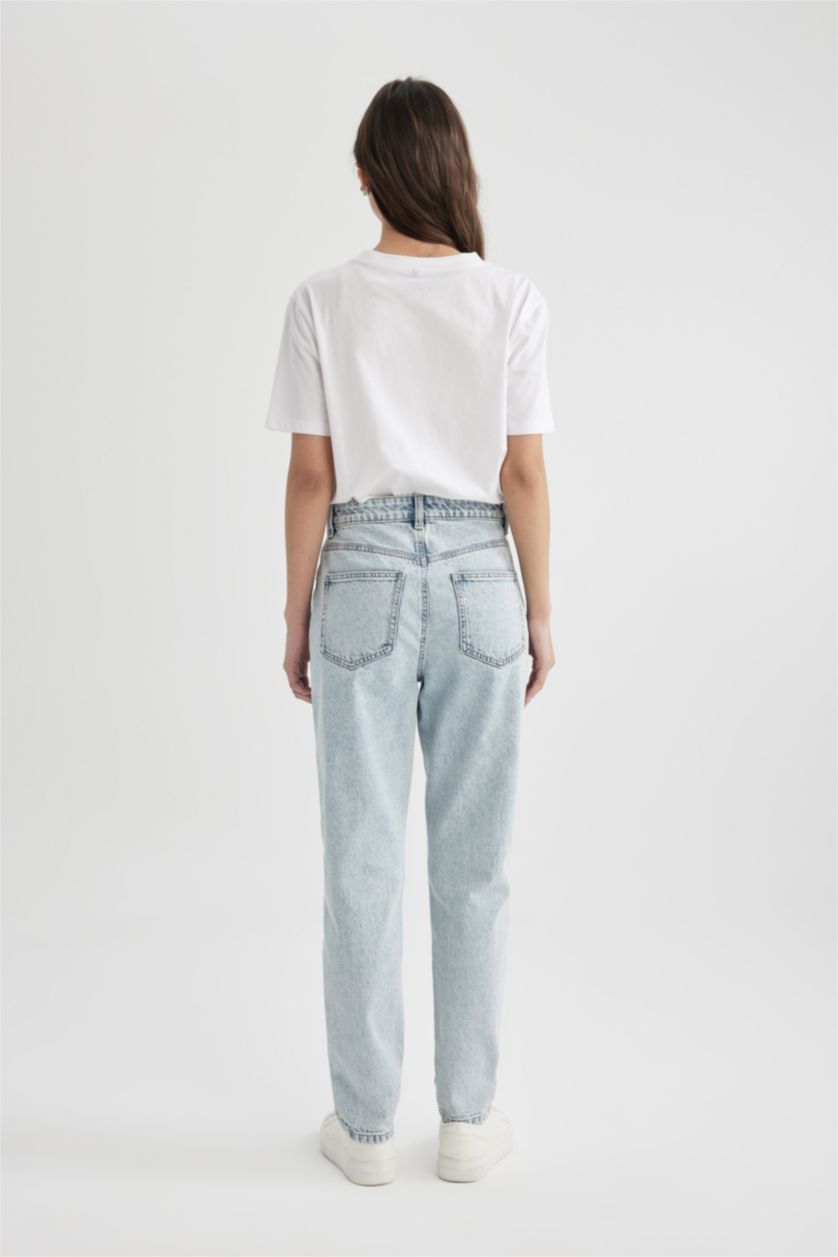 FEMME BLEU Clair Pantalon Jean Mom Fit à Taille Haute et Longueur Cheville Modèle Lina