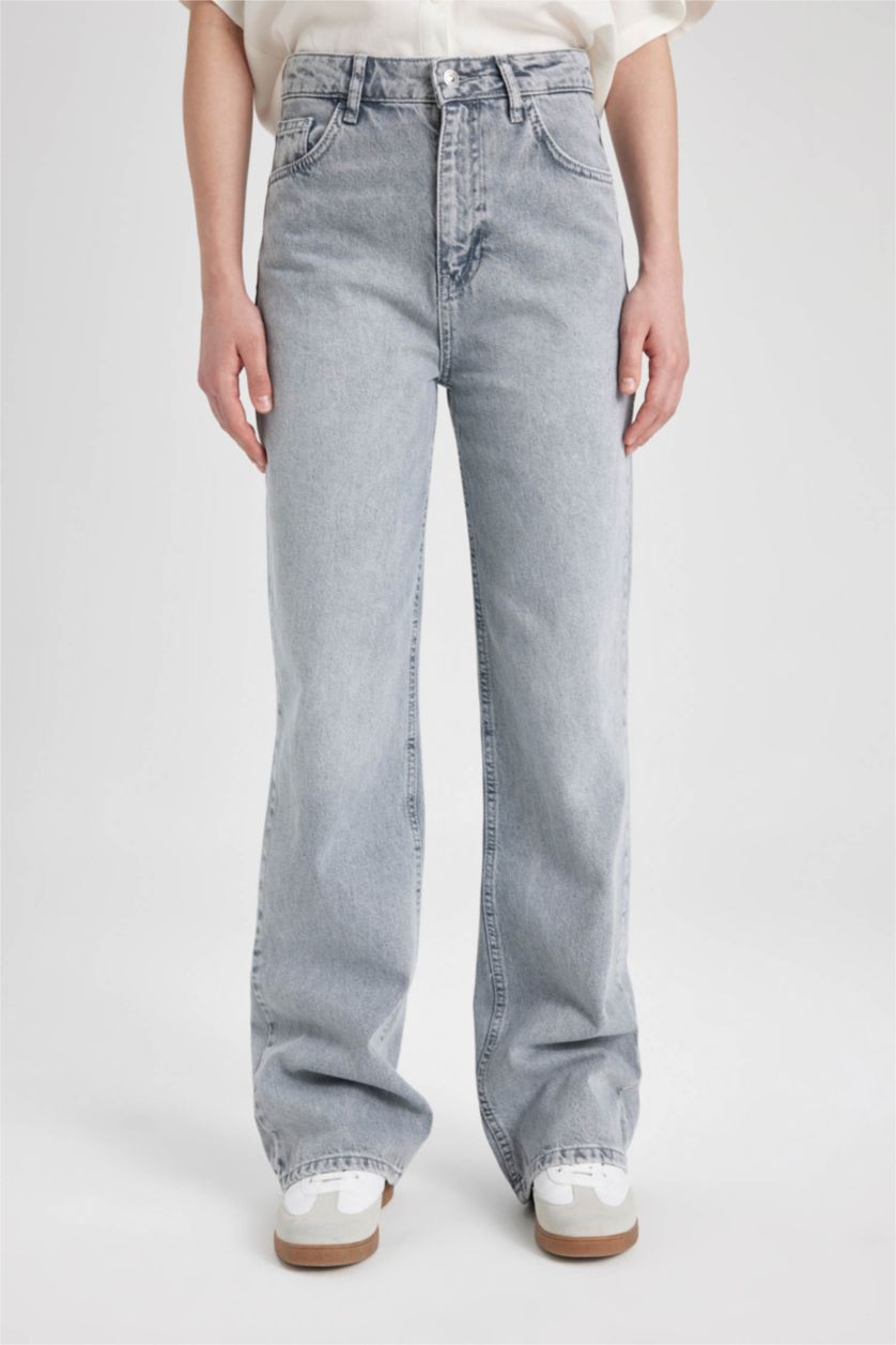 حريمي رمادي بنطلون جينز وايد ليج برجل واسع وخصر عالي