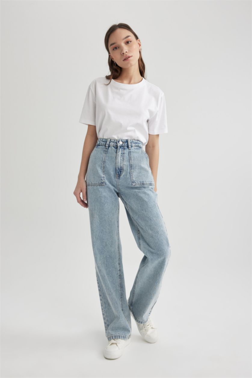 Женщины Светло-синий Джинсы в стиле 90-х Wide Leg с высокой талией