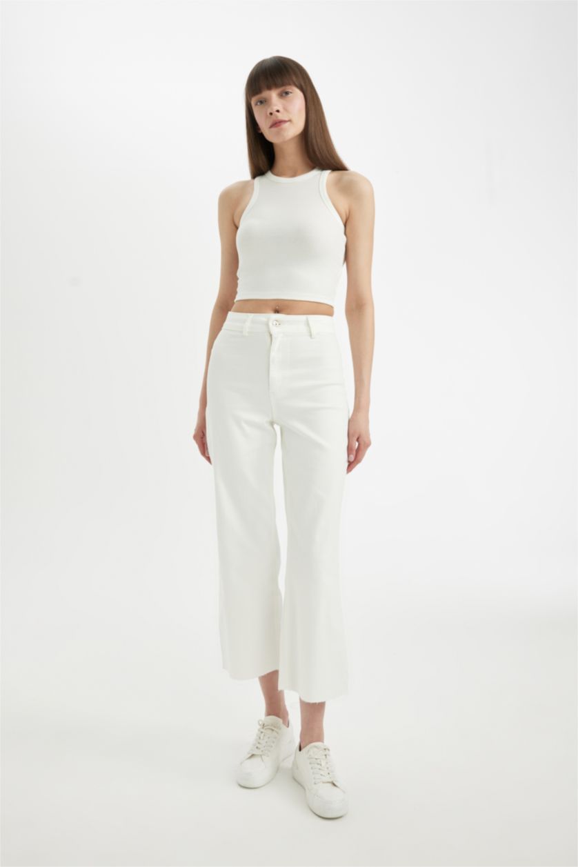 نساء أبيض سروال منسوج كولوت فيت بحافة ممزقة وخصر عالي