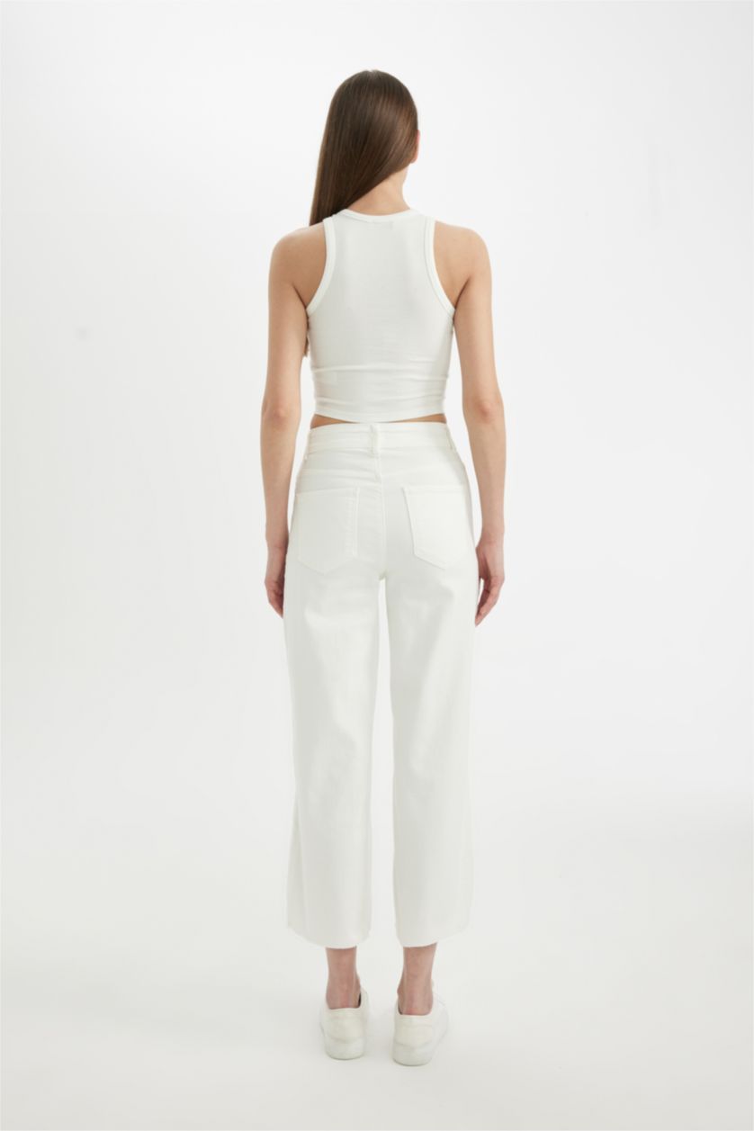 نساء أبيض سروال منسوج كولوت فيت بحافة ممزقة وخصر عالي