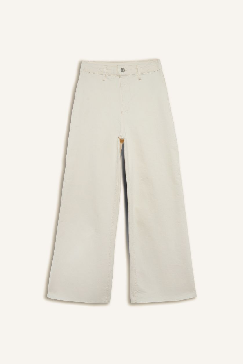 Kadın Ekru Culotte Yüksek Bel Paça Ucu Kesik Bilek Boy Beyaz Jean Pantolon