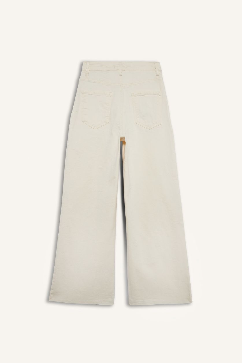 Kadın Ekru Culotte Yüksek Bel Paça Ucu Kesik Bilek Boy Beyaz Jean Pantolon