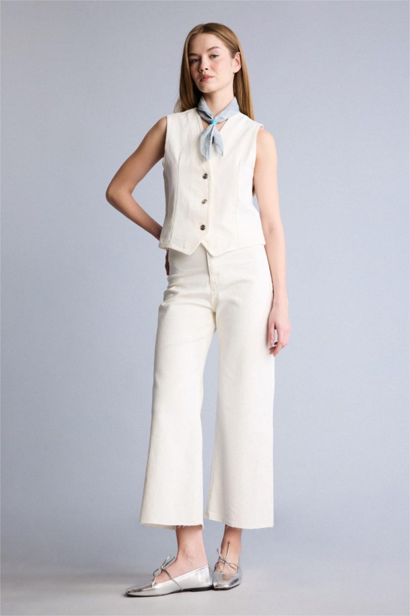 FEMME Écru Pantalon jean blanc à Taille Haute et à Longueur de Cheville