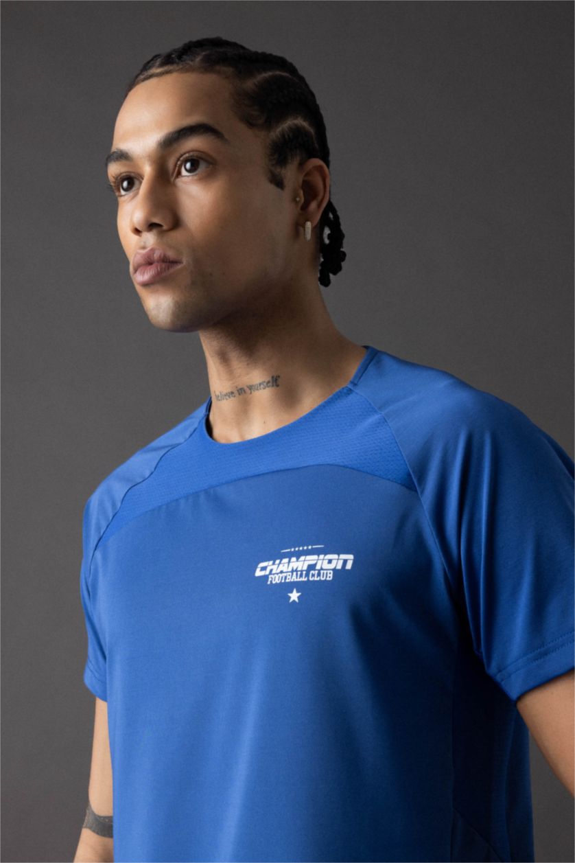 MAN Dark Blue Slim Fit Crew Neck Printed Sports T-Shirt