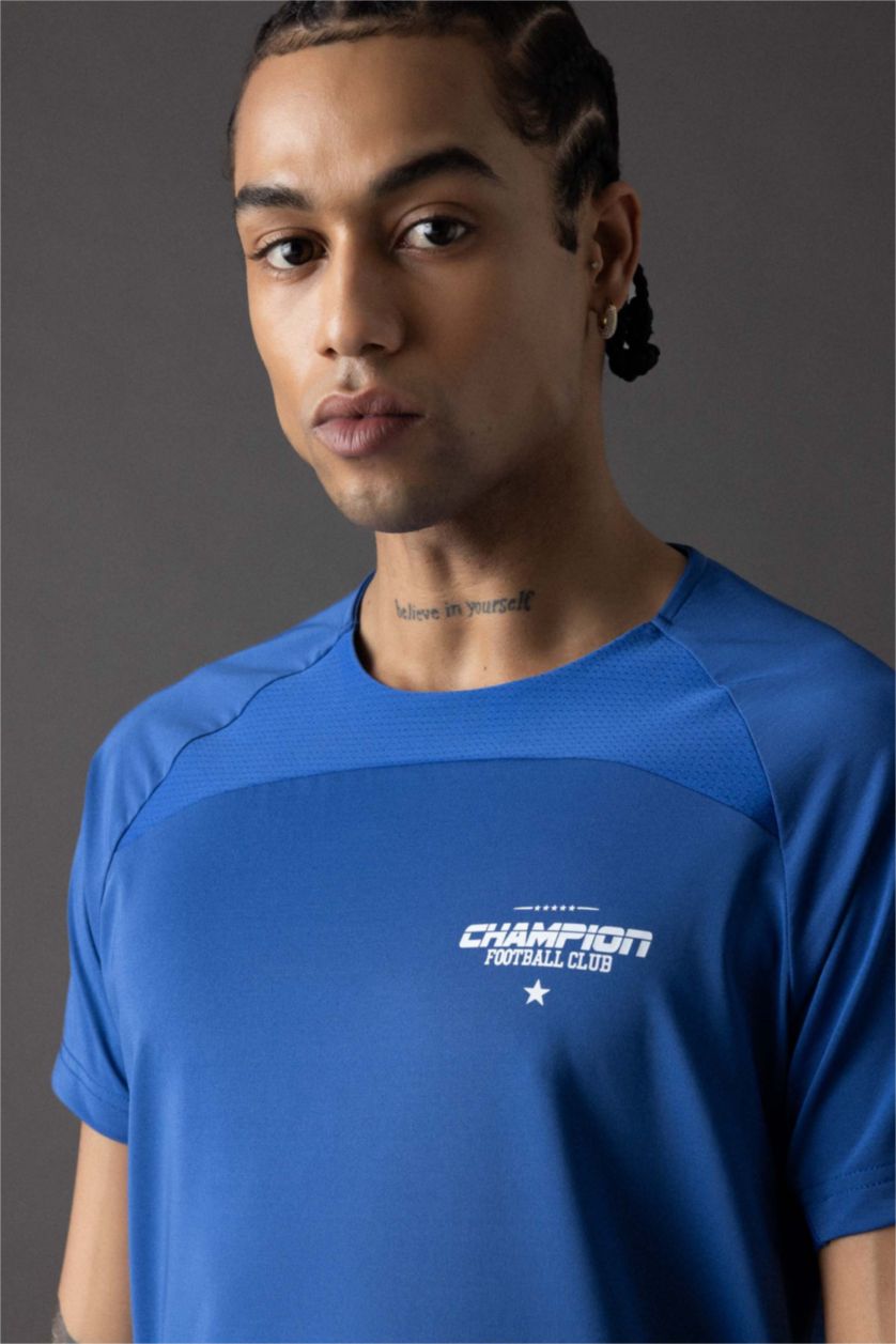 MAN Dark Blue Slim Fit Crew Neck Printed Sports T-Shirt