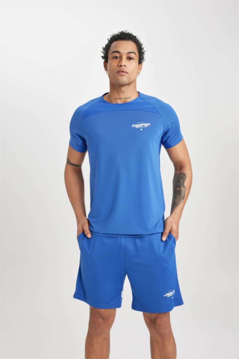 MAN Dark Blue Slim Fit Crew Neck Printed Sports T-Shirt