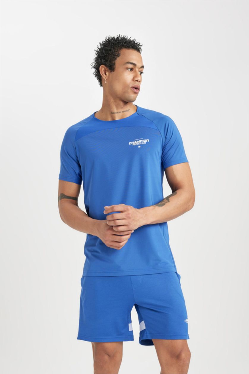 MAN Dark Blue Slim Fit Crew Neck Printed Sports T-Shirt