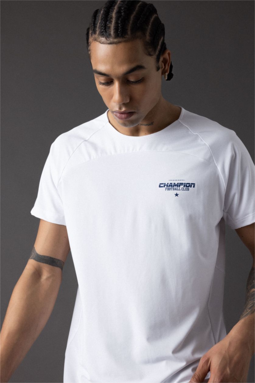 MAN White Slim Fit Collar Printed Sports T-Shirt