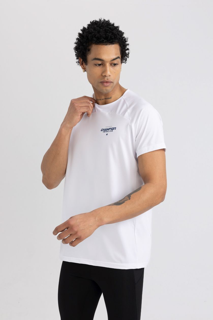 MAN White Slim Fit Collar Printed Sports T-Shirt
