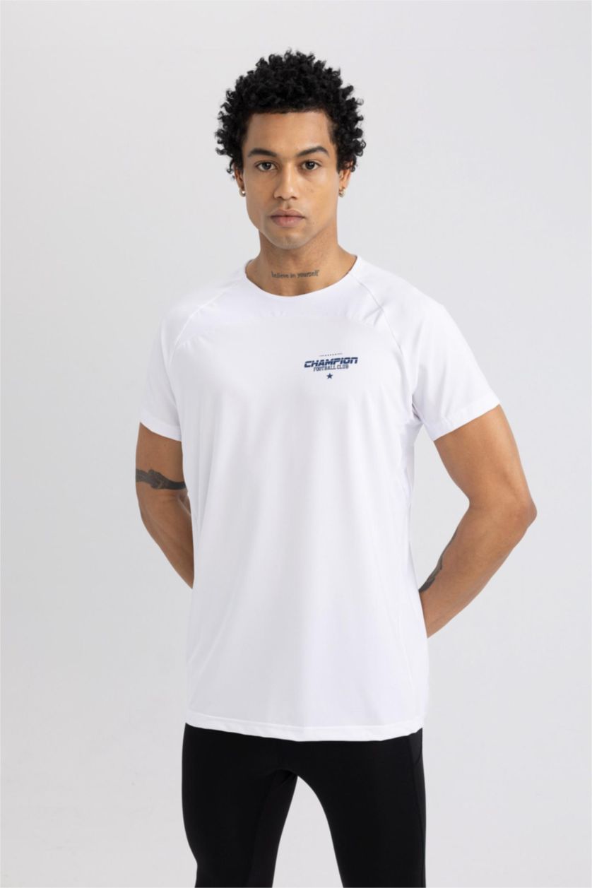 MAN White Slim Fit Collar Printed Sports T-Shirt