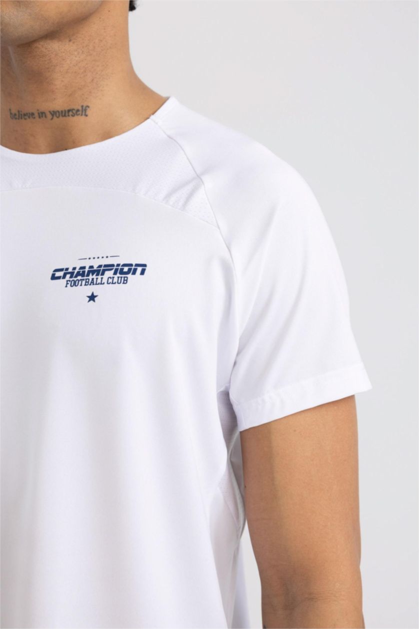 MAN White Slim Fit Collar Printed Sports T-Shirt