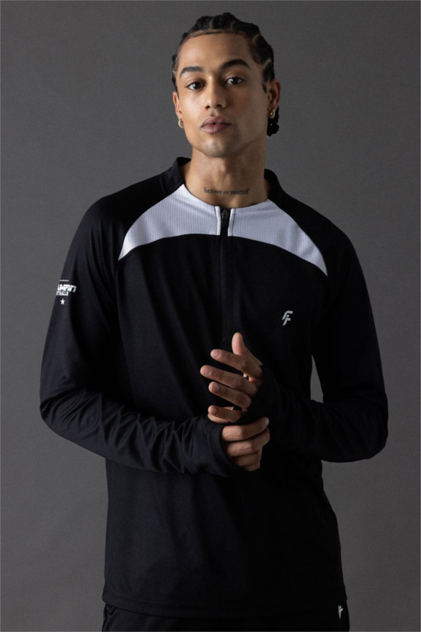 Erkek Siyah Slim Fit Dar Kesim Dik Yaka Fermuarlı Baskılı Ağır Kumaş Sporcu Sweatshirt