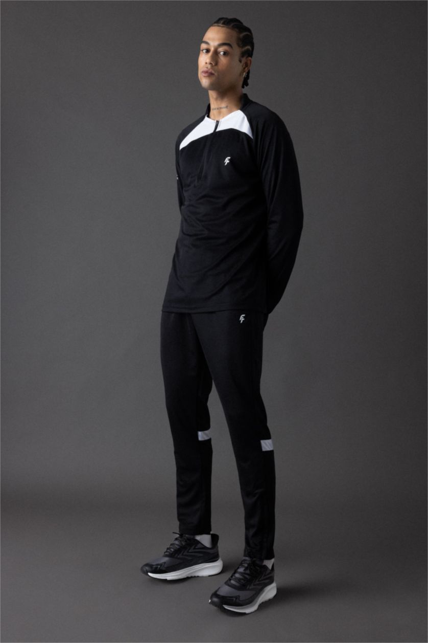 Erkek Siyah Slim Fit Dar Kesim Dik Yaka Fermuarlı Baskılı Ağır Kumaş Sporcu Sweatshirt