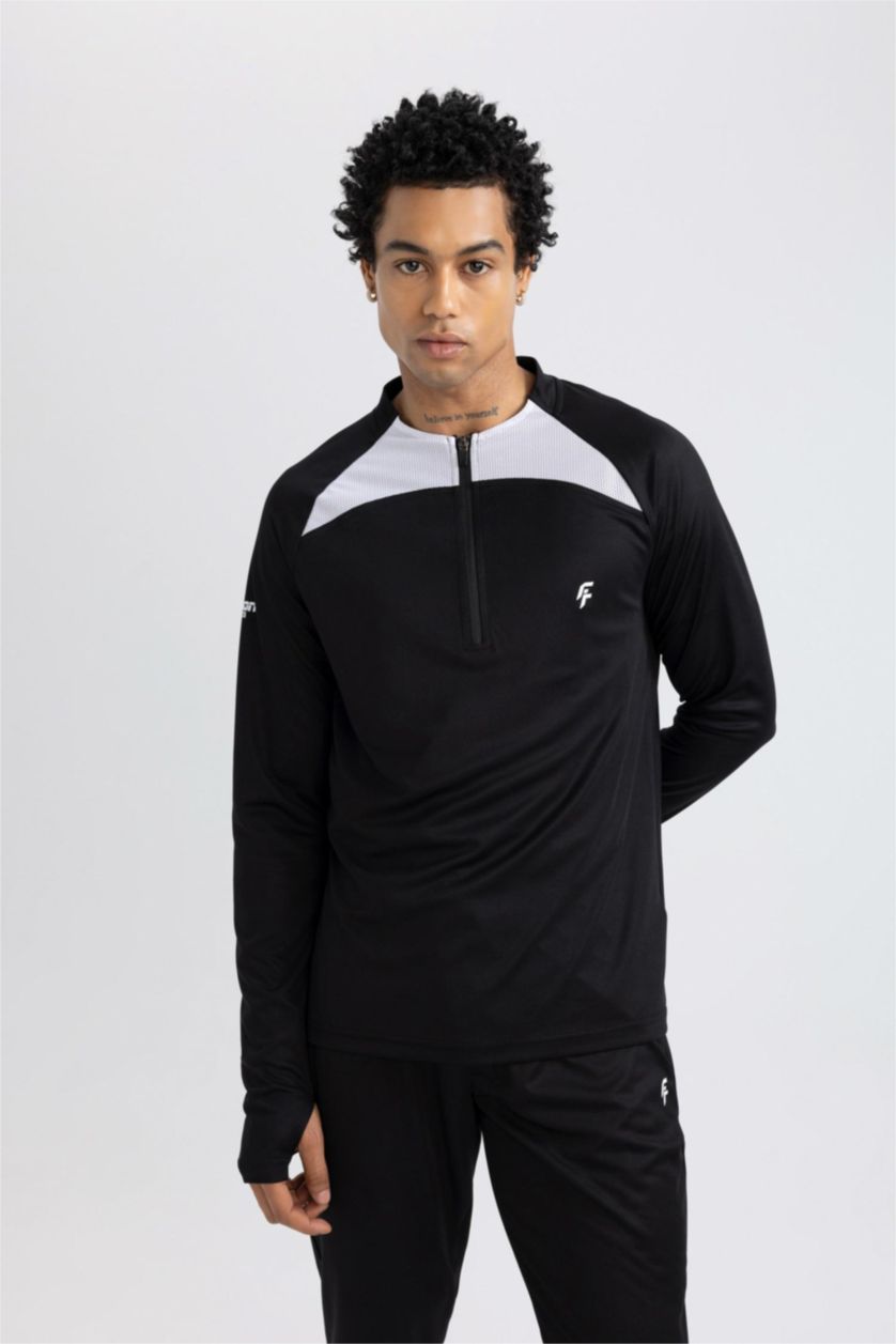 Erkek Siyah Slim Fit Dar Kesim Dik Yaka Fermuarlı Baskılı Ağır Kumaş Sporcu Sweatshirt